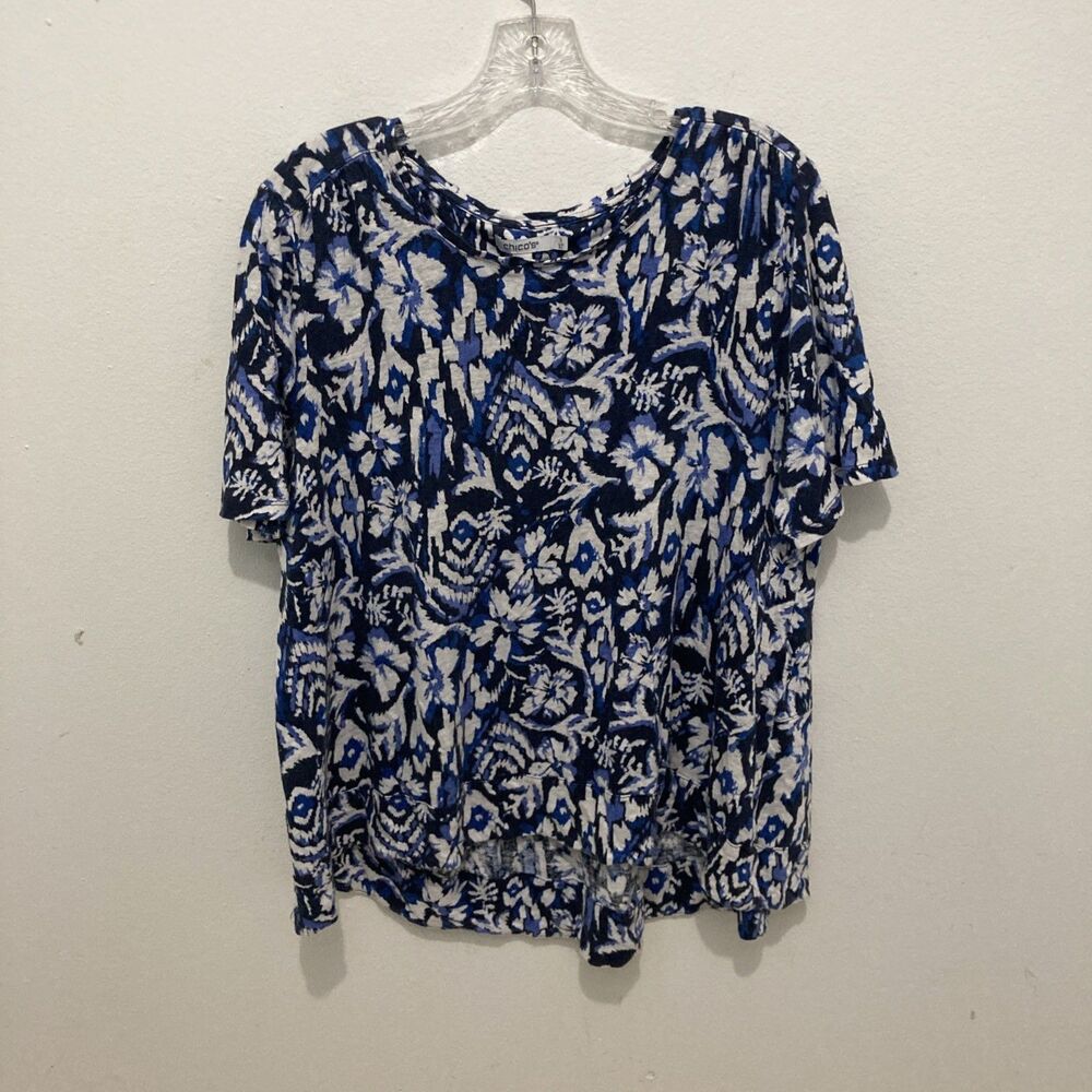 CHICO'S black white blue floral cap sleeve hi low hem linen top 3/XL